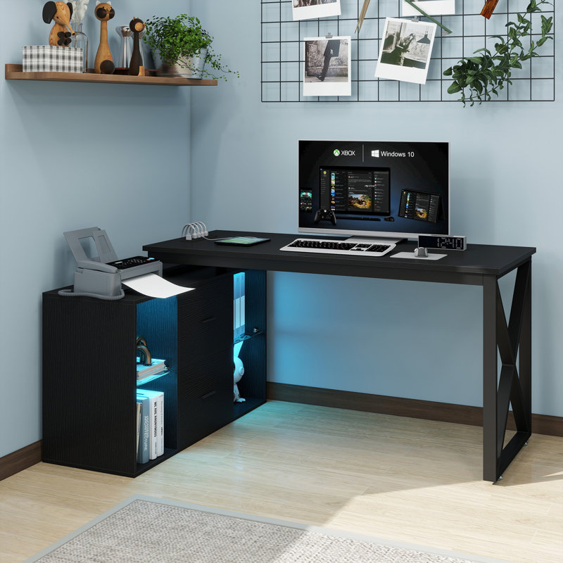Jiahao 55'' L Shaped Reversible Desk with Charging Station & LED Lights, Black