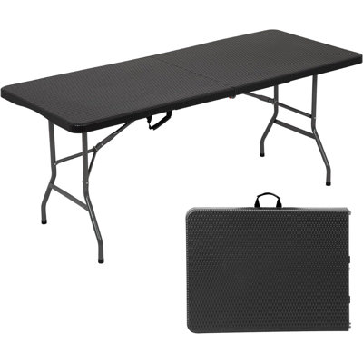 6 Foot Outdoor Dining Table, Foldable Portable Rectangular Plastic Folding Table With Built In Carrying Handle For Party And Wedding Use, Black Ratten