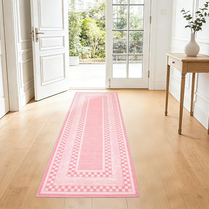 2x6 Checkered Runner Rug, Washable Non Slip Low Pile Rug for Bedroom Living Room, Pink, Runner 2' x 6', Pink
