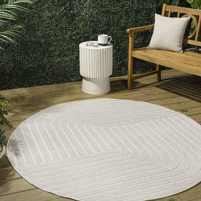 Odense High-Low Minimalist Angle Geometric Ivory/Cream Indoor/Outdoor Rug, Round 7'9"