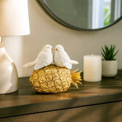 Decorative Kissing Birds on Pineapple Figurine Object for Home Decor - Modern Sculpture for Living Room Decoration or Table Styling - 8", White & Gold