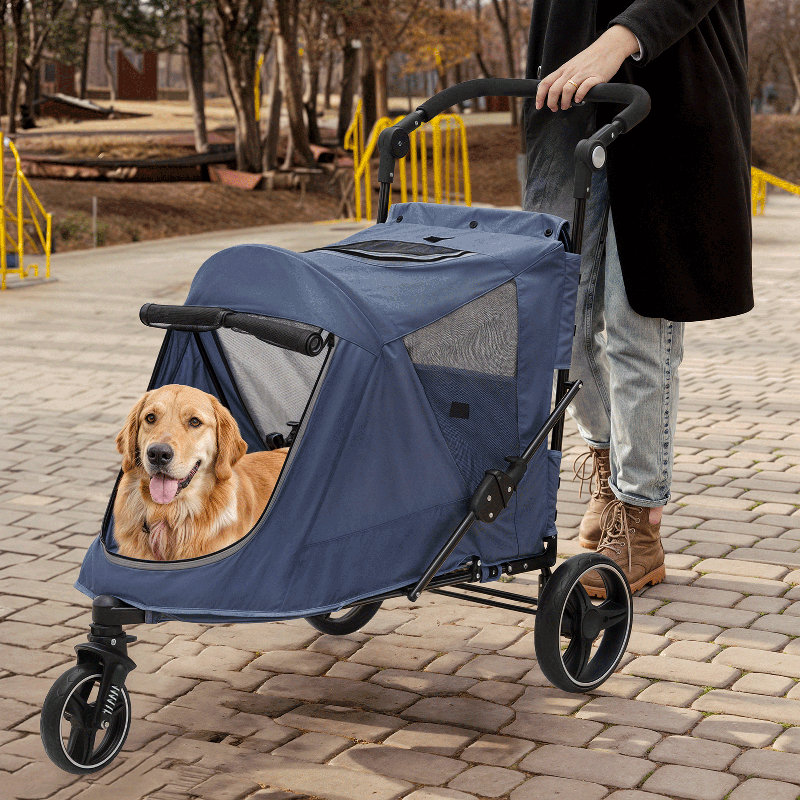 Folding 3 Wheel Pet Stroller, Foldable Dog Jogger Stroller with Adjustable Handlebar and Mesh Window, Blue