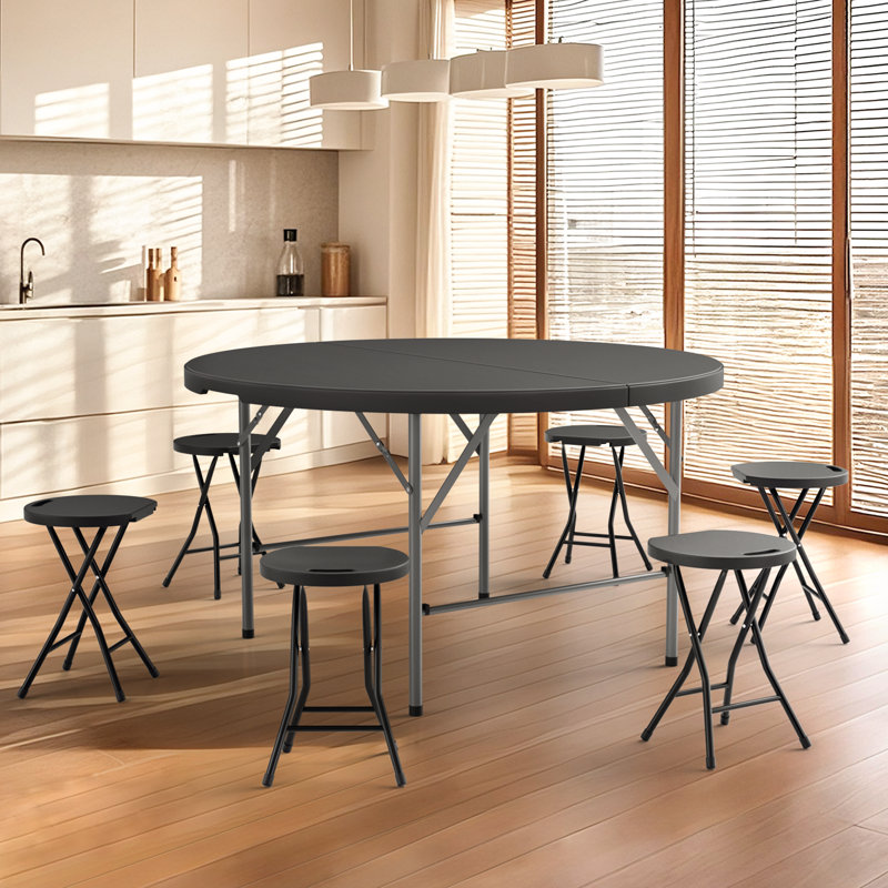 Ensemble 7 pièces table ronde et chaises pliantes 4,5 pi, bureau de réception et tabourets pliables en acier noir, Noir