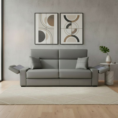 Amy 85" Genuine Italian Top Grain Leather Queen Folding Headrest and Armrest Sleeper Sofa Bed with Memory Foam Mattress