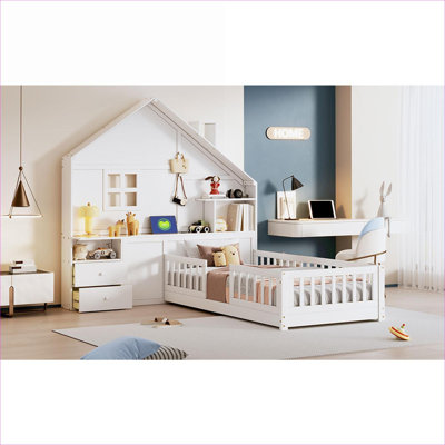 Lit plateforme simple en bois aggloméré avec panneaux de rangement en MDF et LVL, blanc pur
