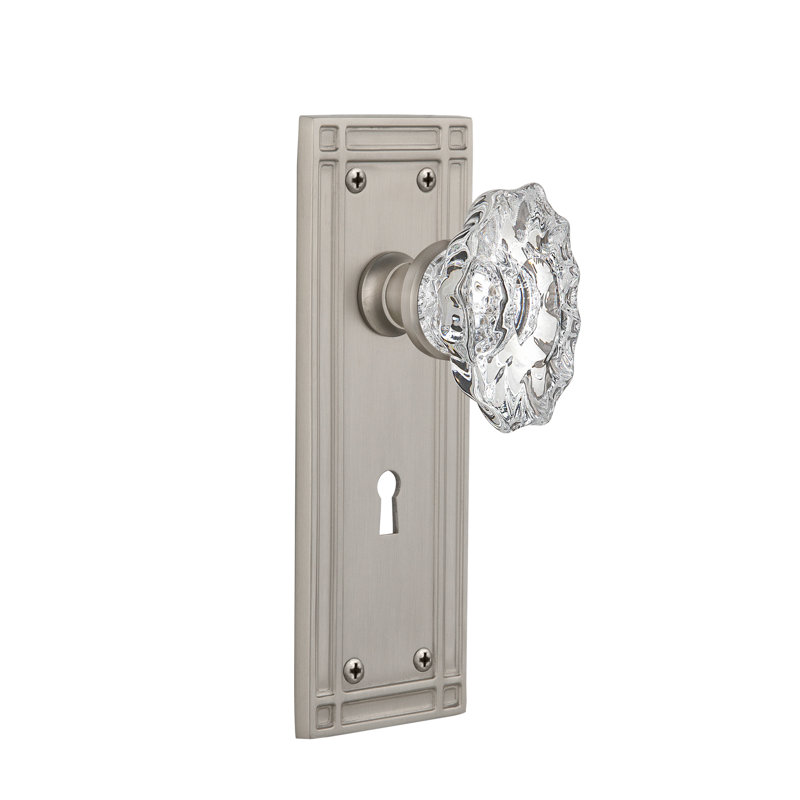 Crystal Chateau Interior Mortise Door Knob with Mission Long Plate, Satin Nickel