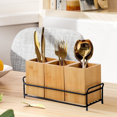 Élégant porte-ustensiles de cuisine en bois, 3 compartiments amovibles avec poignées portatives, organisateur de comptoir pour la cuisine