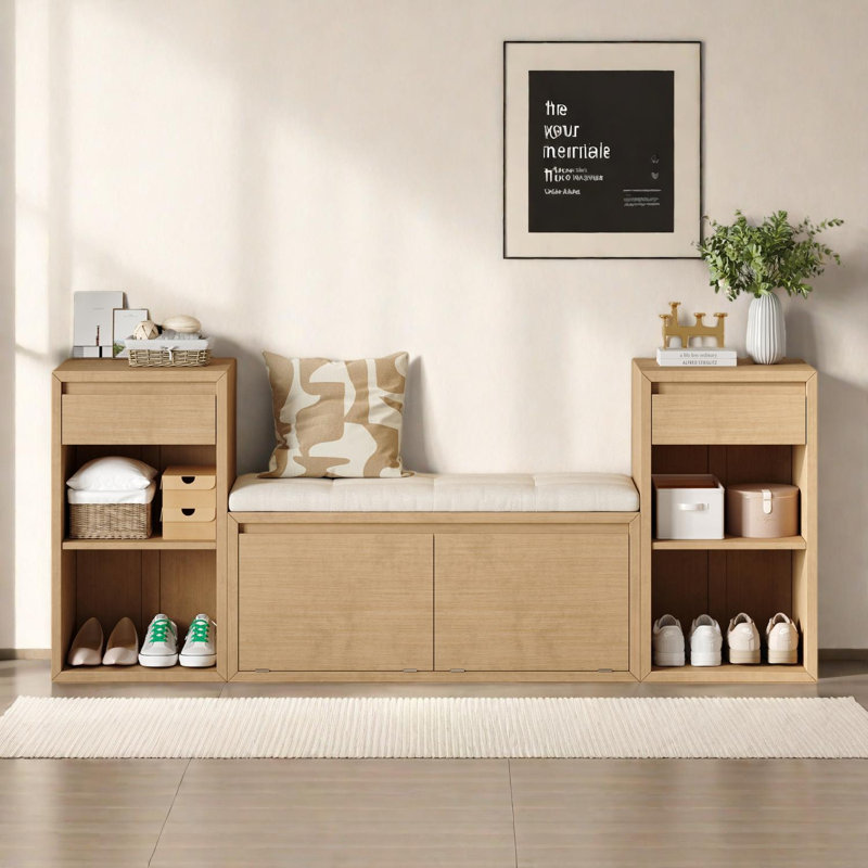 Banc de rangement pour hall d'entrée avec coussin, tiroirs, tablettes et rangement pour chaussures rabattable, Bois brun
