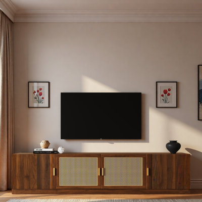 Meuble télé rétro avec portes en rotin et tablettes réglables