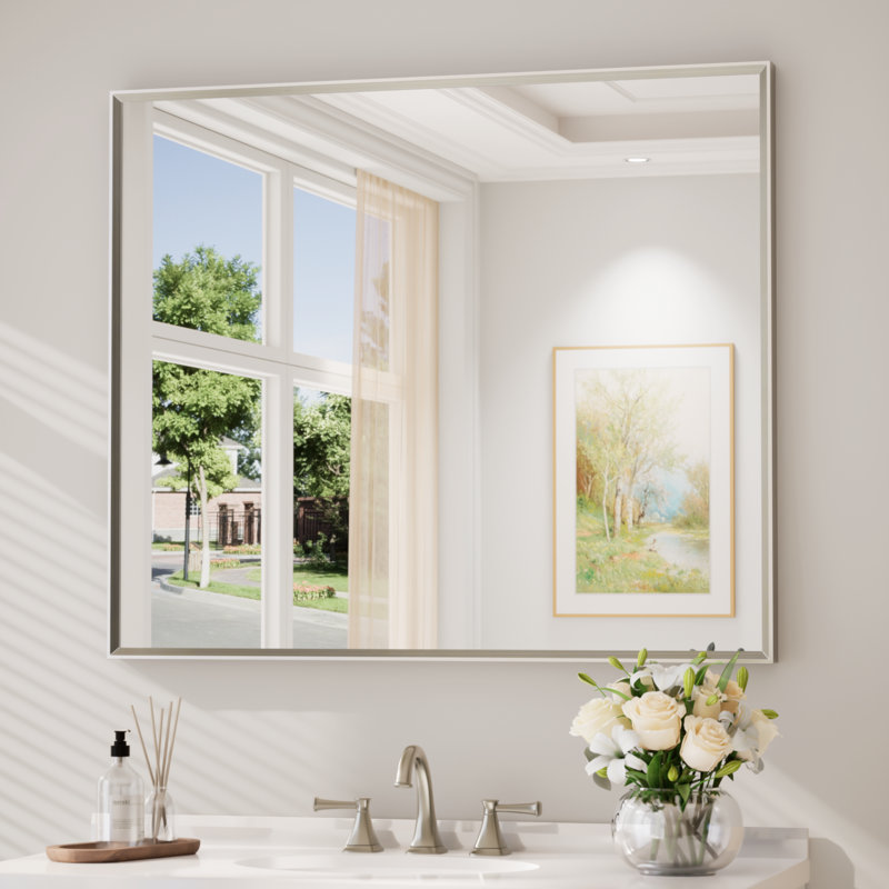 Bathroom Vanity Mirror with Aluminum Frame and Tempered Glass, Rectangle, 42" x 36", Brushed Nickel