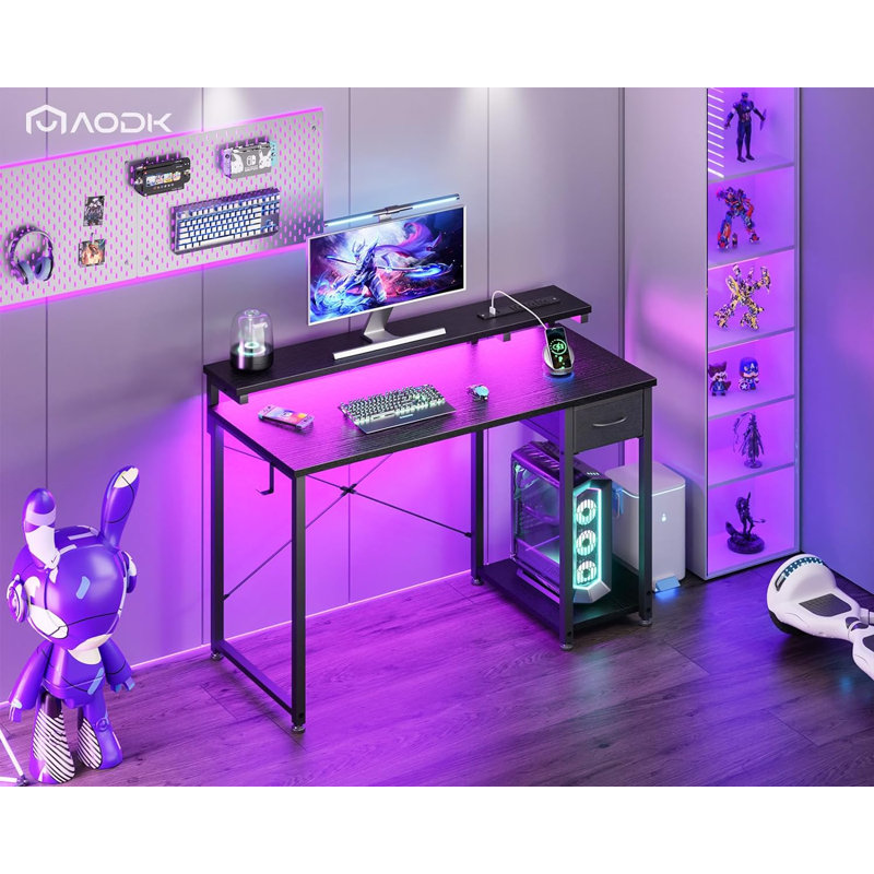 Gaming Desk with LED Lights & Power Outlet, 48 Inch Computer Desk with Drawer, Reversible Desk with Adjustable Monitor Shelf & Headphone Hook for Home Office, Black