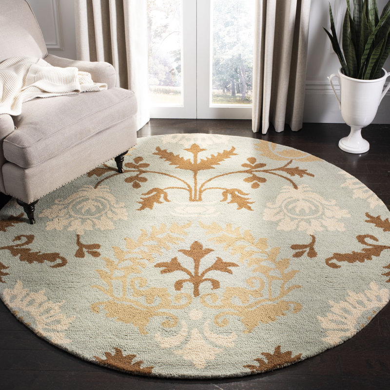 Jahiem Floral Handmade Looped Wool Blue Area Rug, Round 6'