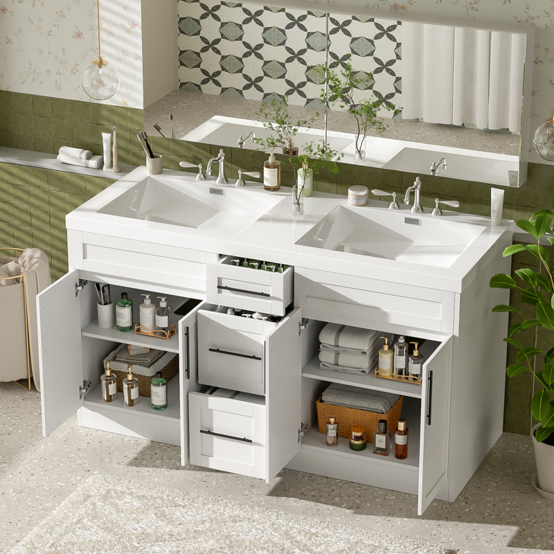 Meuble-lavabo à double cuve 59,3 po avec plateau SMC intégré et armoire de rangement à fermeture en douceur, Blanc