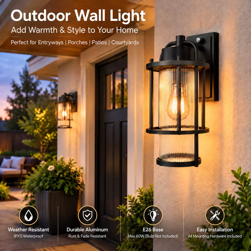 Lanterne murale d'extérieur avec capteur de lumière Dusk to Dawn, lumière de porche extérieure imperméable IPX5 avec douille E26, applique murale noire moderne pour entrée, garage, patio
