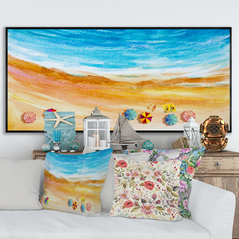 Vue aérienne de la plage de Miami Pastel - peinture sur toile, H 30 po x l 40 po x P 1,5 po, Cadre noir