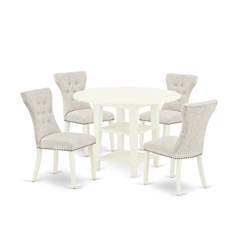 Linen White Solid Wood Round Dining Set with Gray Upholstered Chairs
