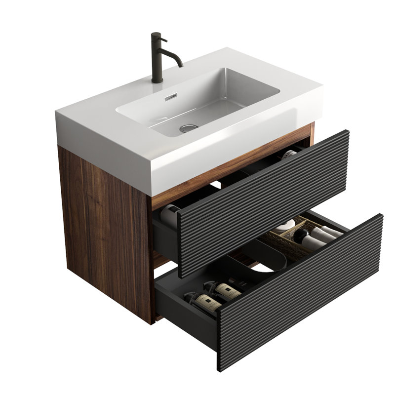 Meuble-lavabo mural 30 po avec lavabo en quartz d'ingénierie et tiroirs noirs doux, meuble-lavabo mural flottant pour salle de bain moderne, une pièce blanc brillant
 Bassin, KD