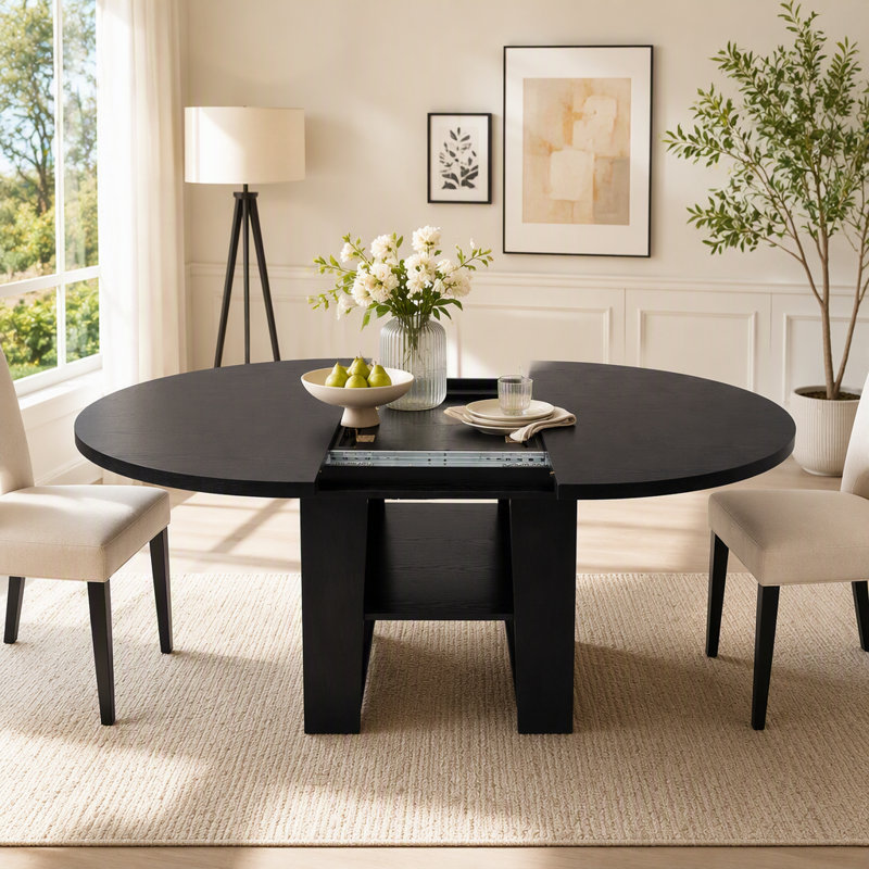 Table de salle à manger extensible ronde avec rallonge intégrée, L 59 po, Noir