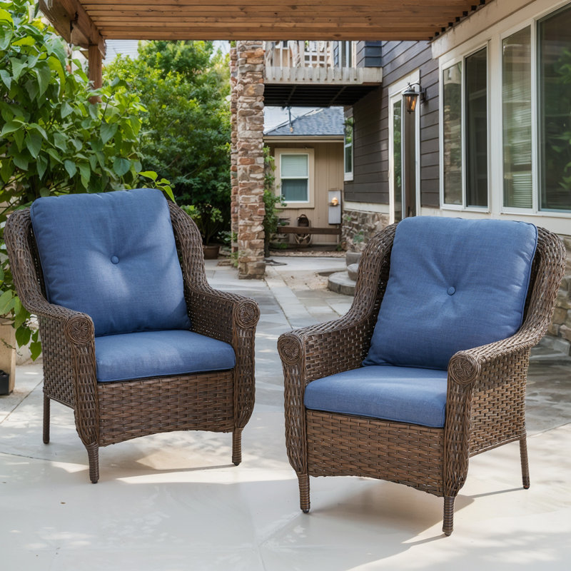 Habbe Outdoor Wicker Patio Chairs Set Of 2 With Olefin Cushions Weather-Resistant, Blue