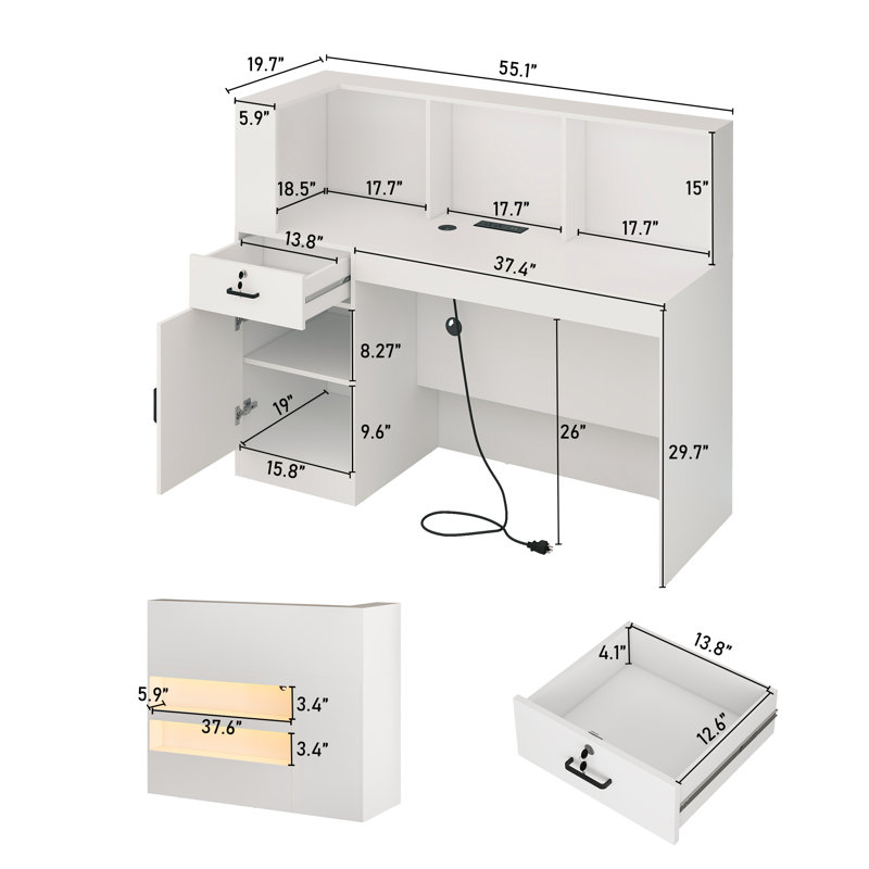 55" Reception Desk with LED Lights, Double-Layer Display Rack, L-Shaped Front Desk Reception Room Table Drawer With Lock