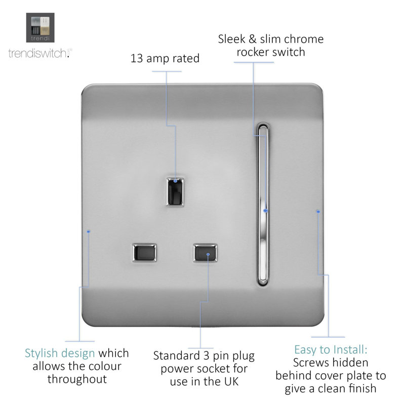 Trendi Switch 1 Gang 13 Amp Switched Plug Socket, Steel
