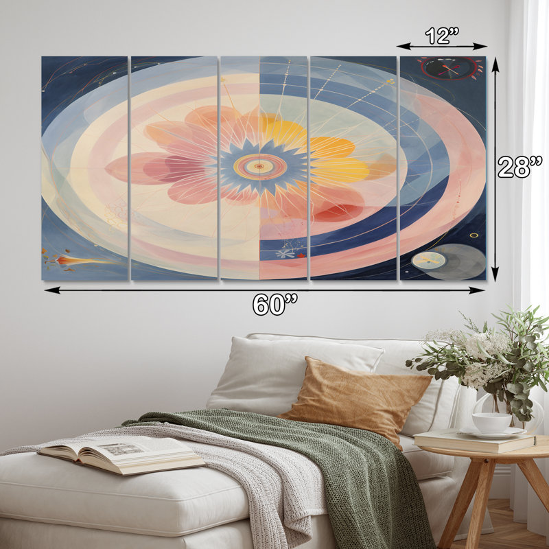 «Universal Blossoming Pastel Harmony I», reproduction d'art abstrait spirales abstraites - 5 panneaux égaux