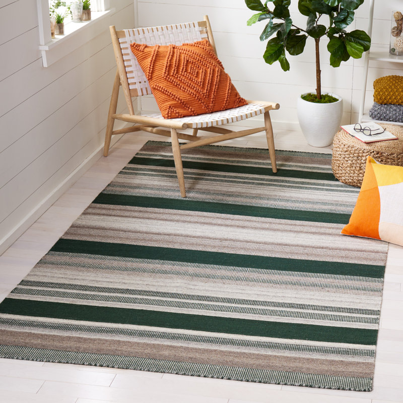 Tapis rayé vert / gris Dhurries, Rectangle 4pi x 6 pi