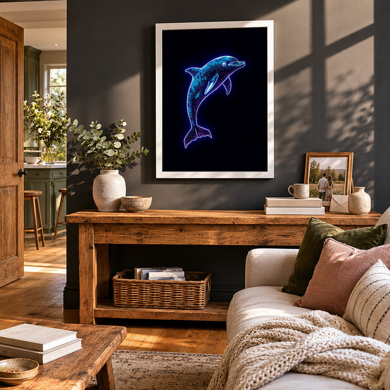 Neon Dolphin Leap Modern - Framed Print, A2 - 59.4 x 42.0 cm, White