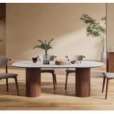 Maxsony 71" Mid Century Dining Table with Glossy Stone Tabletop, Rectangular  Kitchen Table with Solid Wood Double Pedestal for 6