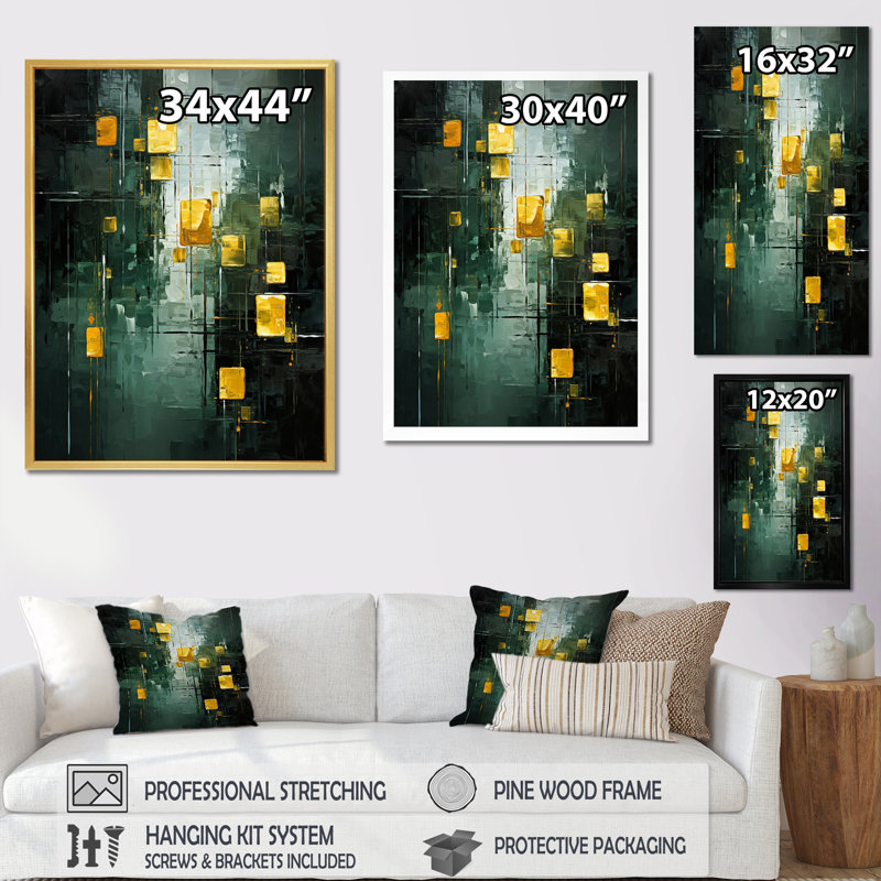 «Emerald Reflections Abstract Cubist», reproduction d'art sur toile, H 40 po x l 30 po x P 1,5 po, Cadre flottant noir
