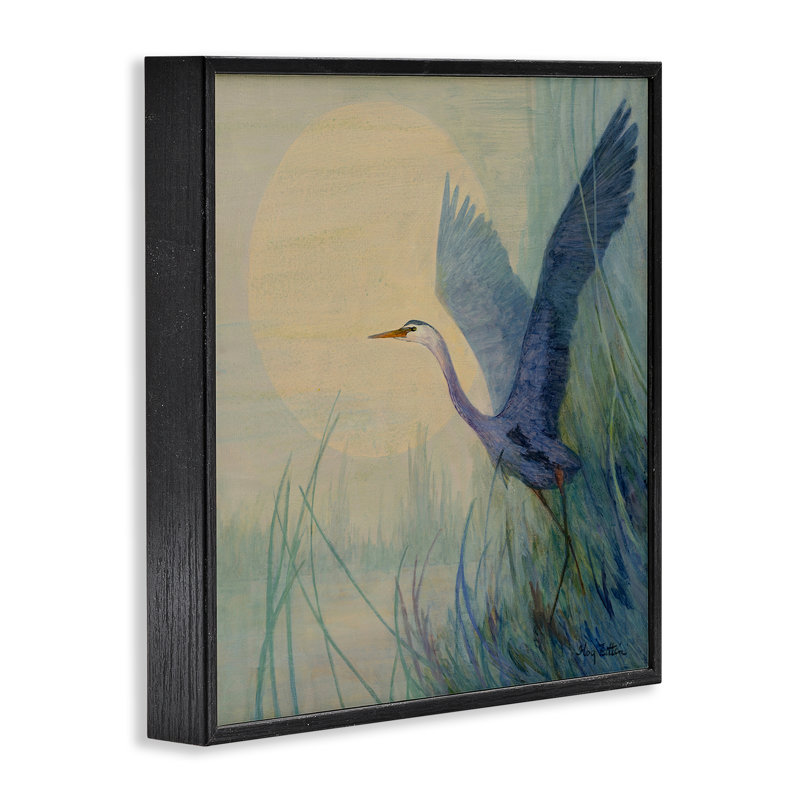 Héron soulevant une estampe numérique, conception de Floy Zittin, H 12 po x l 12 po, Giclée encadrée noir minuit