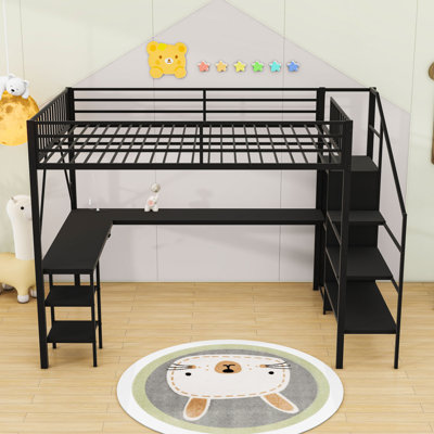 Loft Bed With Wardrobe, Desk, USB, LED Lights And Storage Shelves