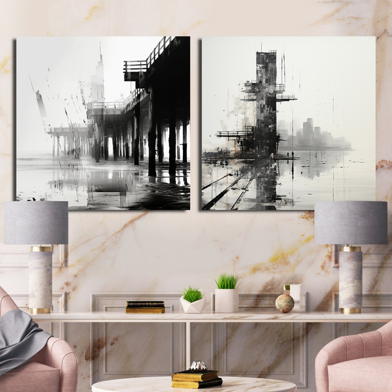 Minimalisme, jetée noir et blanc, ensemble de 2 collages carrés côtiers, H 16 po x l 33 po, Toile tendue