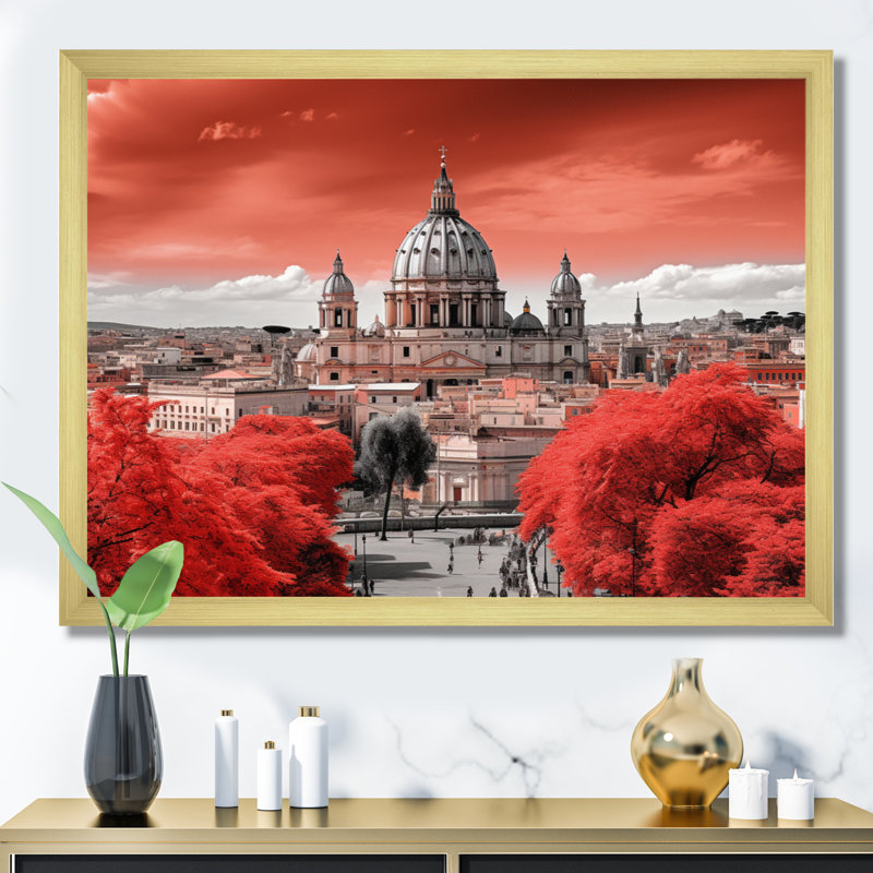 Paysage urbain monochrome rouge de Rome, H 24 po x l 32 po x P 1 po, Cadre doré simple