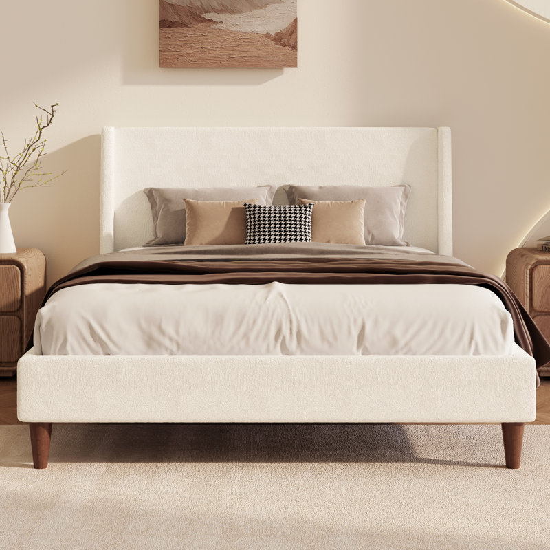 Upholstered Platform Bed with Wingback Headboard and Walnut Wooden Legs, No Box Spring Needed, Ivory, Queen