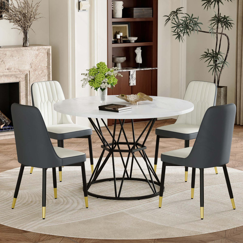 Ensemble de table et de chaises 5 pièces. Table de salle à manger circulaire en panneau de fibres à densité moyenne avec base en forme de sablier et 4 chaises
