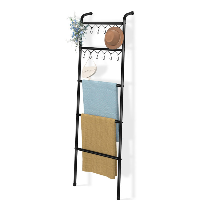 Black Metal 79'' Freestanding 5-Tier Blanket Ladder with Hooks