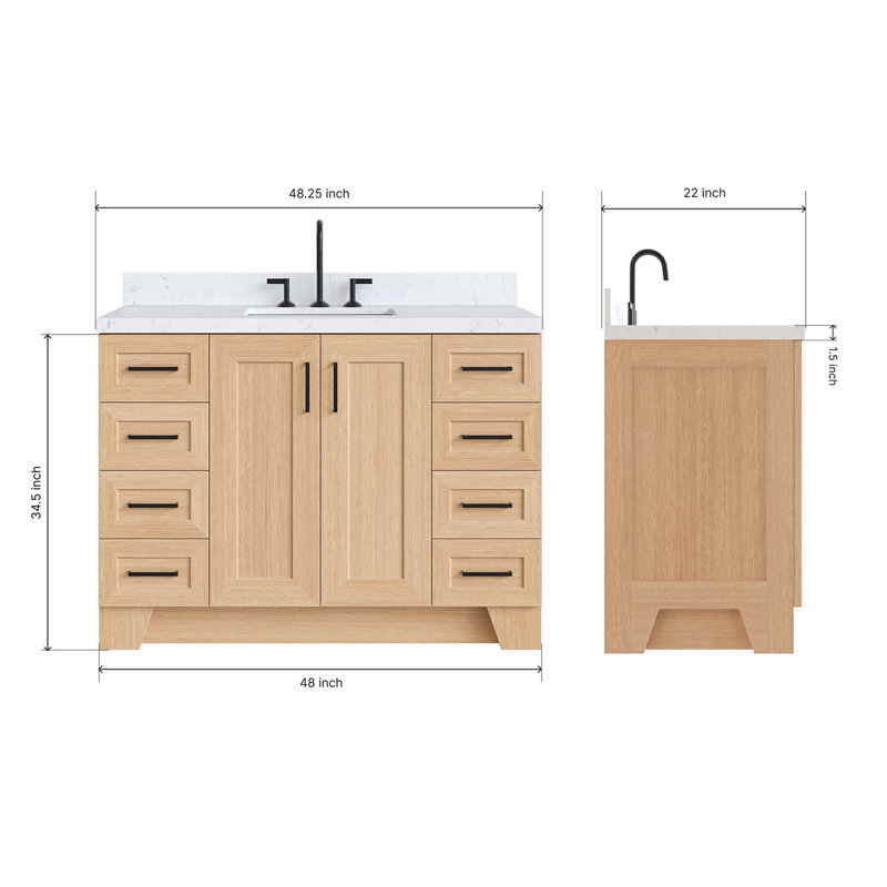Freitas 48'' Solid Wood Single Bathroom Vanity, Rectangle, Natural Oak, Carrara Quartz
