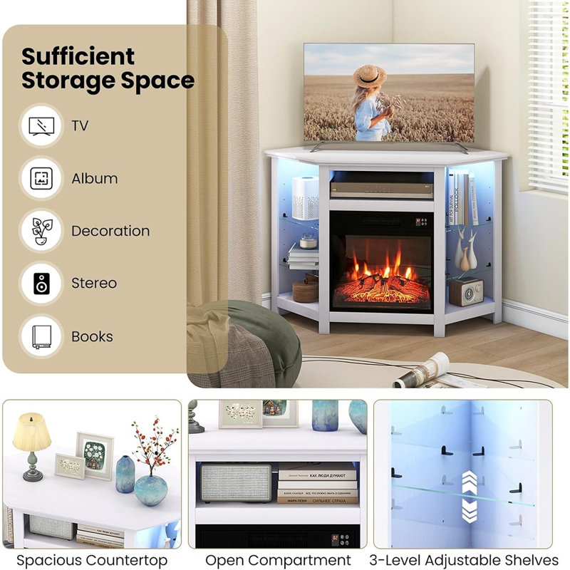 Electric Fireplace Corner TV Stand For Tvs Up To 50 Inches, Modern Fireplace Entertainment Center With 16-Color LED Lights, Adjustable Shelves, Remote & Smart APP Control (White)