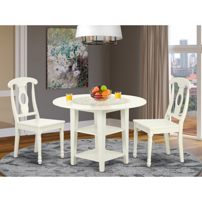 L'ensemble de table de cuisine 3 pièces pour petits espaces comprend une table ronde avec Dropleaf et des tablettes et 2 chaises de salle à manger, lin blanc