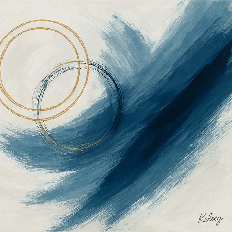 «Echoing Motion», art mural abstrait sur toile bleu marine et doré, H 20 po x l 20 po