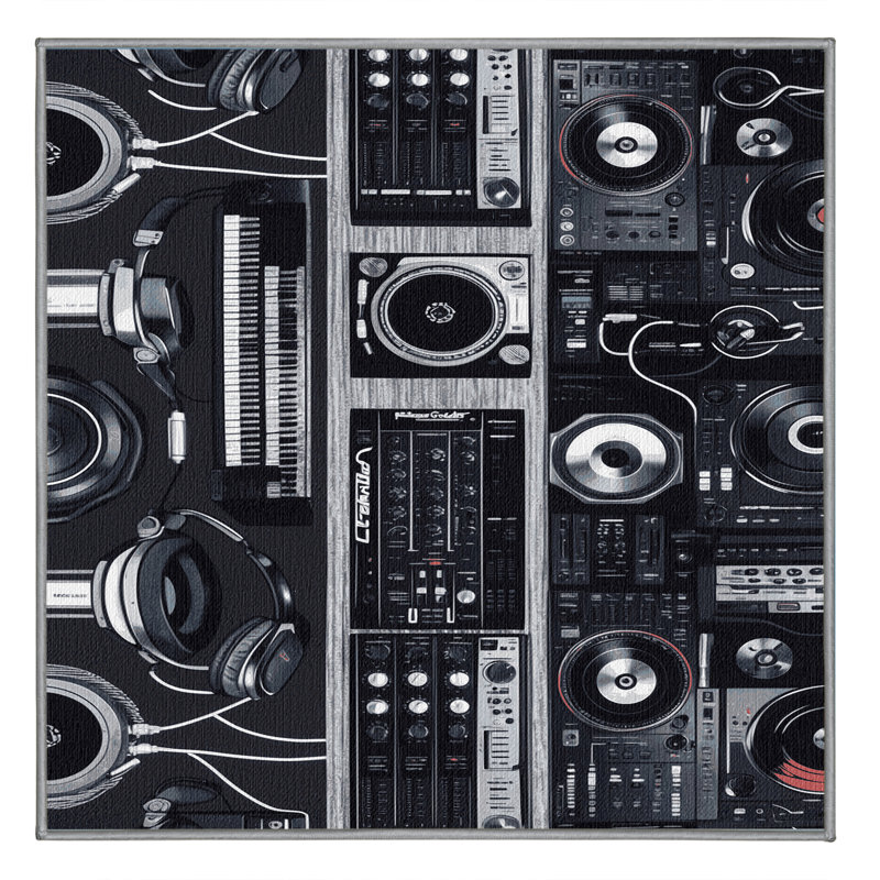 Washable Headphones and Modern Music Tech Music Area Rug, Square 4'