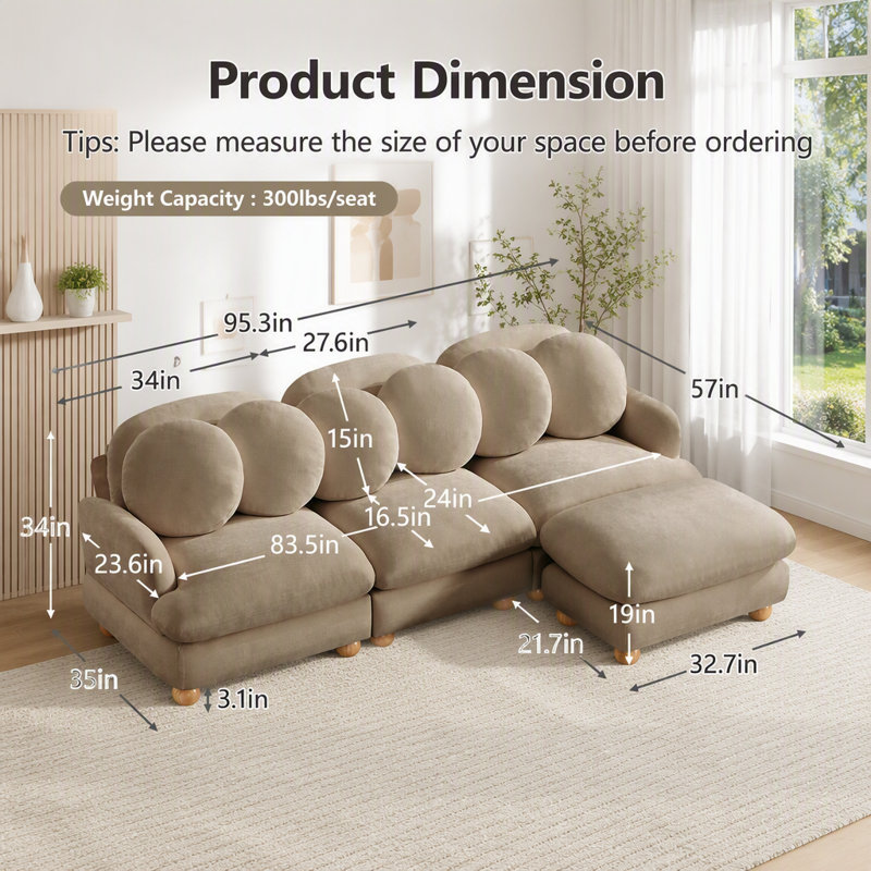 Canapé modulaire modulaire avec revêtement en chenille et repose-pieds mobile, Chenille brun clair
