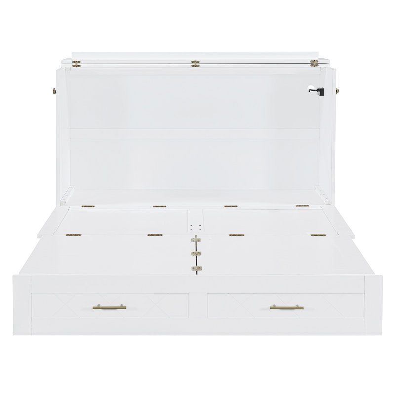 Henline Murphy Bed with Drawer and USB Ports & AC Outlets, Wall Bed with Pulley Structure Design, White, Queen