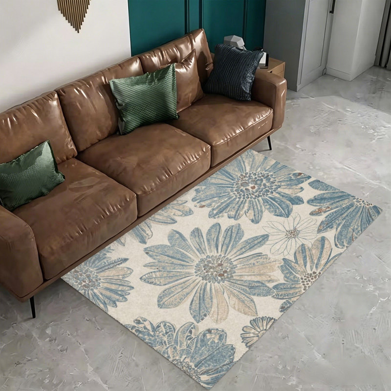 Vintage Daisy Floral Area Rug, 5' x 7' for Outdoor Garden & Nursery, Blue