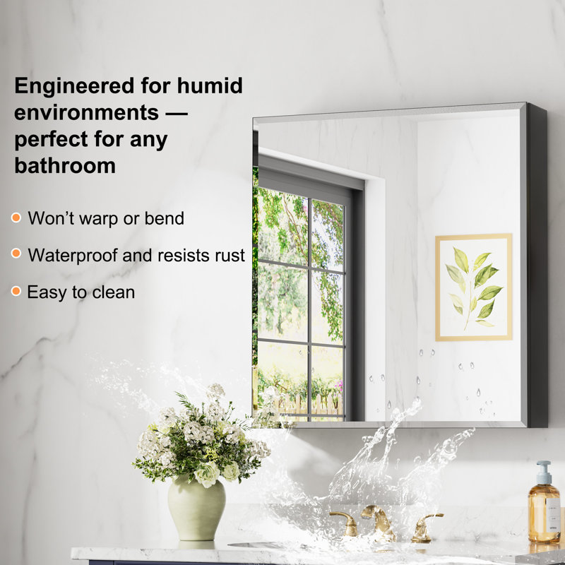  28'' W x 30'' H Aluminum Framed Medicine Cabinet with Mirror, Recessed or Surface Mount Bathroom Vanity Cabinet with Adjustable Tempered Glass Shelf, Large Storage Space (Black)