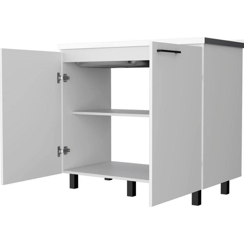White Kitchen 2 Utility Sink And Cabinet With Wood Handy Functionality Strong Construction Fashionable Style, Silver