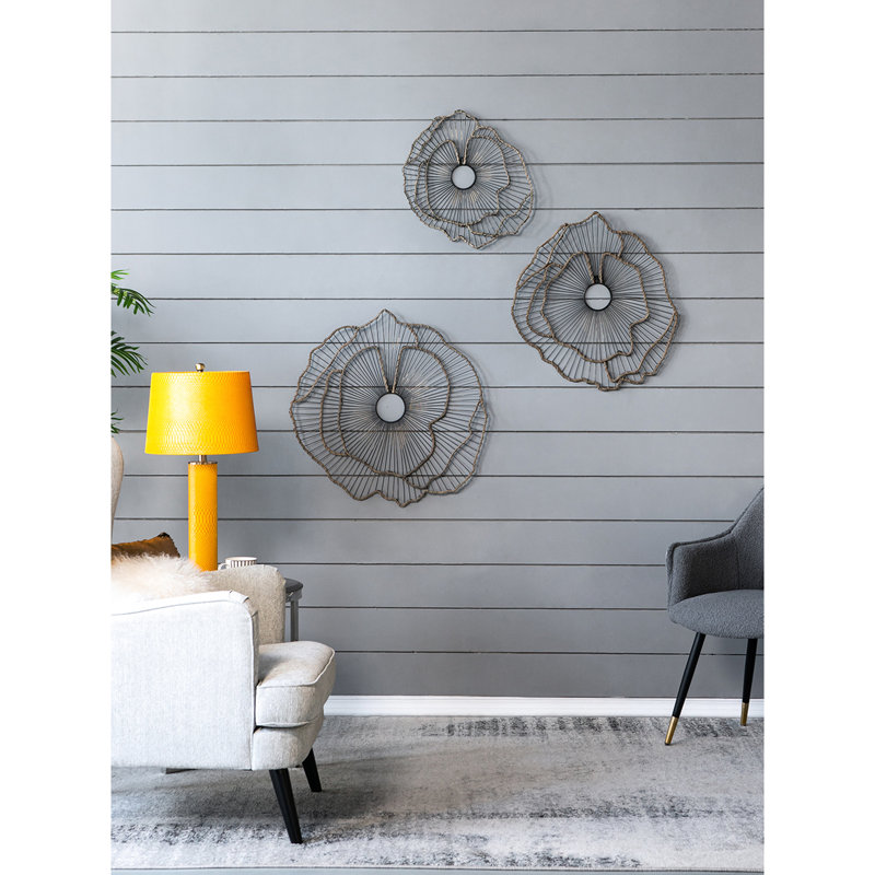 3 fleurs murales en métal doré, décor transitionnel pour entrée de maison, vestibule, sculpture de couloir, porche design