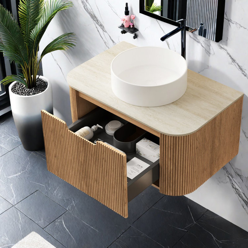 Meuble-lavabo et lavabo flottant moderne en céramique et bois durables, conception peu encombrante