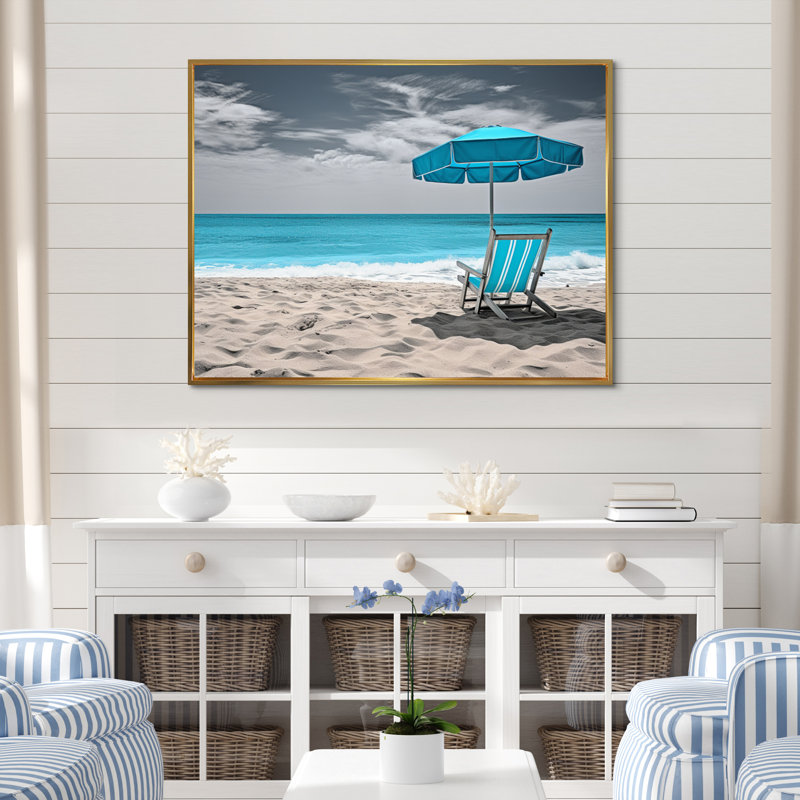 «Alyca Beach Ocean Turquoise Seaside Serenity», reproduction sur toile, H 16 po x l 32 po x P 1 po, Cadre flottant doré